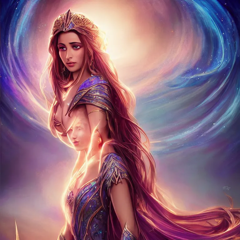 Prompt: beautiful cinematic fantasy poster, a beautiful middle-eastern princess wearing a beautiful dress with flowing illuminated hair, beautiful glowing galaxy eyes, wideshot ultrawide angle epic scale, hybrid from The Elden Ring and art direction by Darius Zawadzki ;by artgerm; wayne reynolds art station; cinematic quality character render; low angle; ultra high quality model; production quality cinema model;