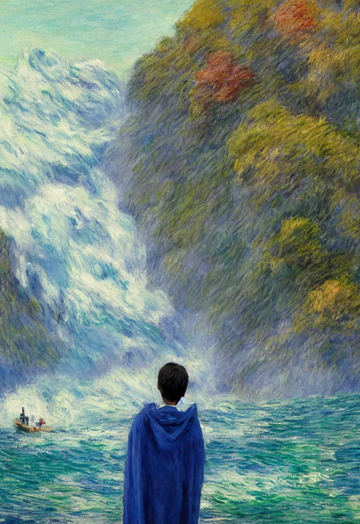 Prompt: tiny businessman wearing a cape in front of a japanese city in the mountain surrounded by waterfall. cyberpunk, boats flying. beautiful blue sky. gorgeous epic nature, lofi, vivid colors, amazing light, by jeremy lipkin, by claude monet, heavily inspired by makoto shinkai, inspired by ghibli, masterpiece, multiple brush strokes, impressionist style