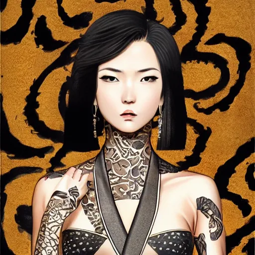 Image similar to yakuza slim girl, gold suit jacket in snake print, jacket over bare torso, yakuza tattoo Irezumi on body, black short curtain haircut, black leather pants with black belt, portrait, beautiful face, elegant, 2d, ultra highly detailed, digital painting, smooth, sharp focus, artstation, art by Ilya Kuvshinov, rossdraws