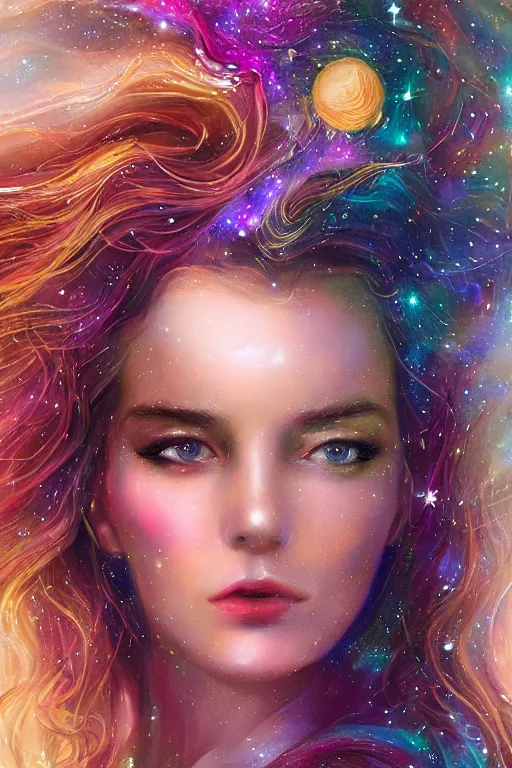 Prompt: one beautiful young woman's face, magical, space stars and planets in her hair, windblown, intricate, synth-wave, retrowave, highly-detailed, elegant, dramatic lighting, gorgeous face, lifelike, photorealistic face, long luxurious intricate gown, digital painting, artstation, illustration, concept art, smooth, sharp focus, art by John Collier, artgerm, and Albert Aublet and Krenz Cushart and Artem Demura and Alphonse Mucha