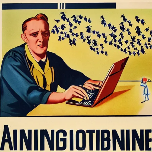 Prompt: a man sleeping at a computer is stung by a bumblebee, ww 2 propaganda poster, no text, highly detailed