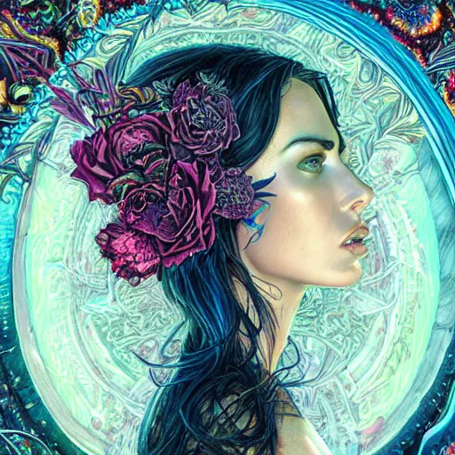 Image similar to portrait of megan fox, hyper detailed masterpiece, neon floral pattern, jean giraud, digital art painting, darkwave goth aesthetic, psychedelic, artgerm, donato giancola and tom bagshaw