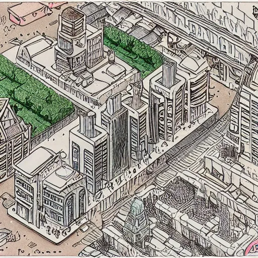 Prompt: an isometric drawing of a city by mattias adolfsson