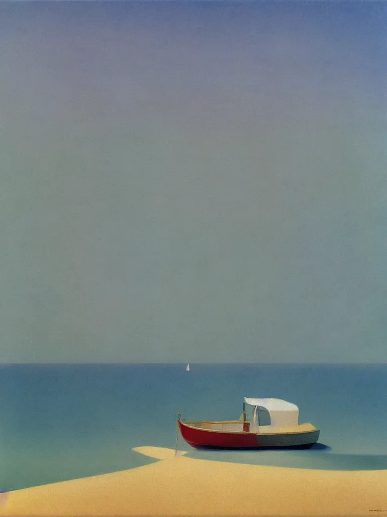 Image similar to a neo retro poster a boat near dune du Pilat, australian tonalism, pale gradients design, matte drawing, clean and simple design, outrun color palette. painted by Morandi, Agnes Pelton