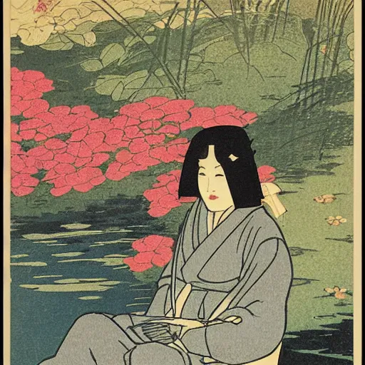 Prompt: hiroshi yoshida woodblock print. beautiful woman sitting near pond.