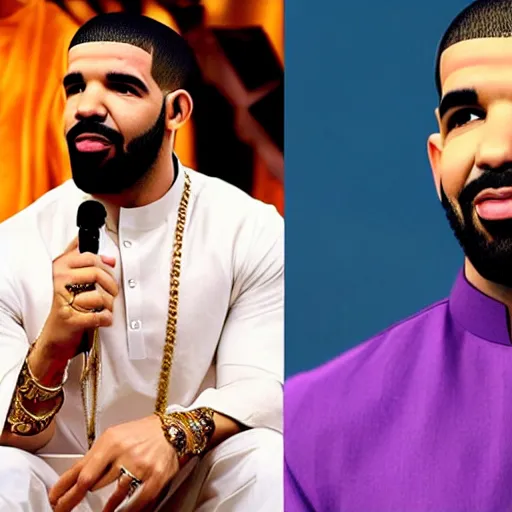 Prompt: drake the rapper wearing a kurta, hindu kovil background, extremely realistic, drake's face