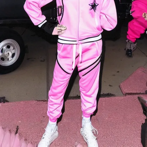 Image similar to photo of jeffree star in the 2 0 0 0 s with pink red hair smoking in a pink juicy tracksuit