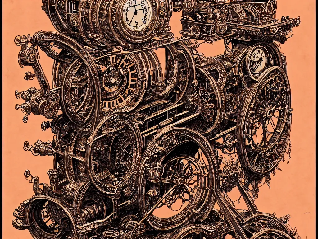 Image similar to ornate steampunk time machine, high details, intricately detailed, by vincent di fate, inking, lineart, 3 color screen print, masterpiece, trending on artstation,, sharp, details, hyper - detailed, hd, 4 k, 8 k