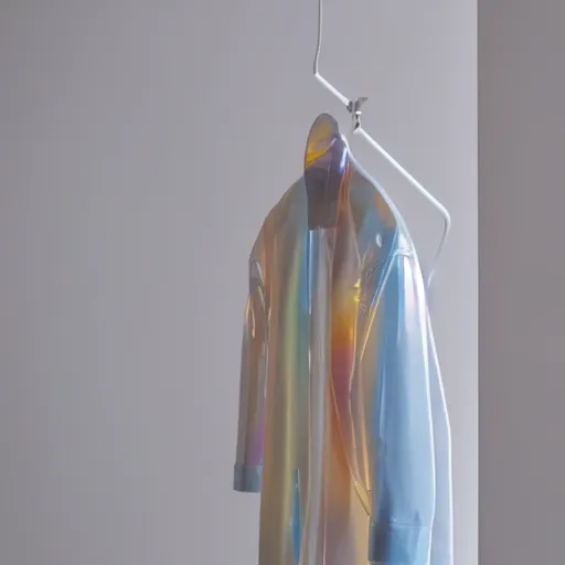 Prompt: an ultra high definition professional studio quality photograph of a transparent iridescent perspex pastel coloured raincoat on a white coat hook in an empty white room. dramatic lighting, ray tracing, refraction, shallow d. o. f, colour corrected, golden ratio, three point light.