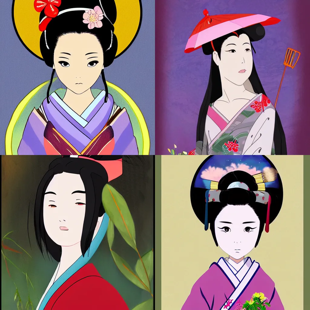 Prompt: digital painting of beautiful geisha in the style of studio ghibli