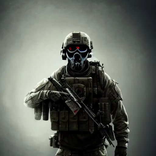 Image similar to a portrait of a Simon Riley with a ghost mask ,call of duty, military , game concept art, illustration, modern warfare, HDR, natural light, shoulder level shot, dynamic pose, award winning photograph, Mucha style, 8k,