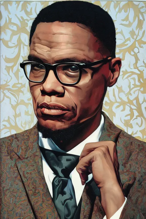 Image similar to Malcolm x, portrait by Kehinde Wiley!!, oil paint on canvas, brushstrokes,