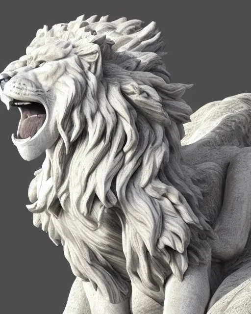 Image similar to a marble statue of a roaring lion, hyper realistic, 4 k, grainy marble, hyper detailed