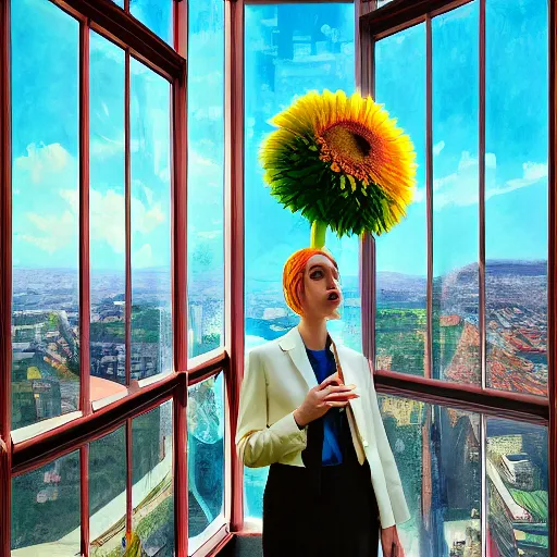 Prompt: giant daisy flower head, woman with a suit, standing next to modern window in luxury apartment, surreal photography, sunlight, impressionist painting, digital painting, artstation, simon stalenhag