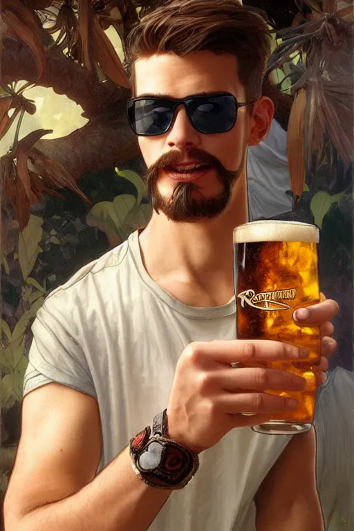 Prompt: a young man wearing raybands holding a beer giving a thumbs up with a long beard, real life skin, intricate, elegant, highly detailed, artstation, concept art, smooth, sharp focus, airbrush painted, art by artgerm and greg rutkowski and alphonse mucha