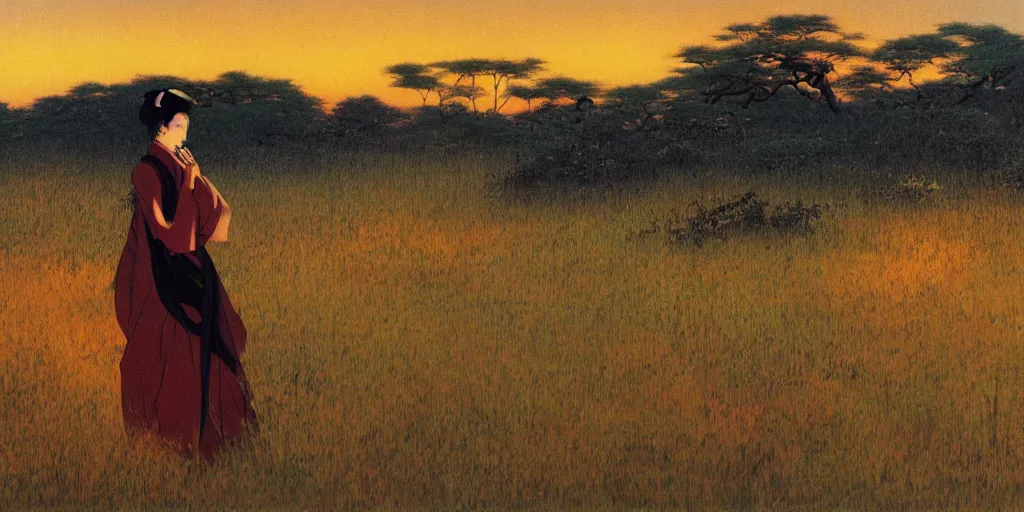 Prompt: painting of an anime girl in the savannah at golden hour by kitano tsunetomi, 1 9 3 9