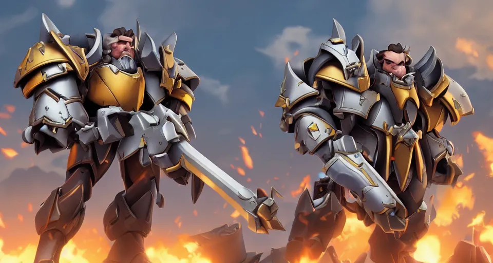 Image similar to reinhardt from overwatch in warhammer 4 0 0 0 0, digital art, high detailed, artstation, 3 d render