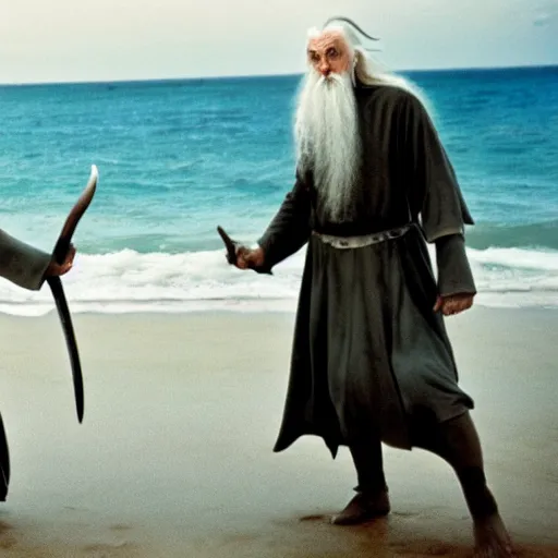 Image similar to Gandalf and Saruman frolicking on a beach, cinematic color