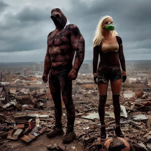 Image similar to a very huge, very big masked mutant man standing next to a small blonde woman. The mutant is huge very big very muscular. The woman is blonde and small, short. They are staring at the horizon where there are the ruins of a city, postapocalyptic, movie still