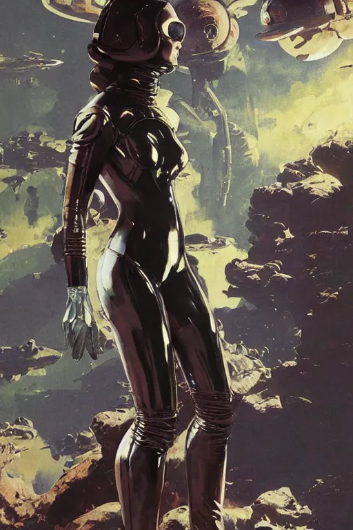 Image similar to pulp scifi fantasy illustration full body portrait of elegant woman wearing latex spacesuit on alien planet, by norman rockwell, jack kirby, bergey, craig mullins, ruan jia, jeremy mann, tom lovell