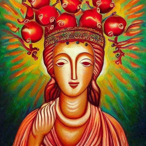 Image similar to Pomegranate god, painting, godly, beautiful, immense, stunning, blessed