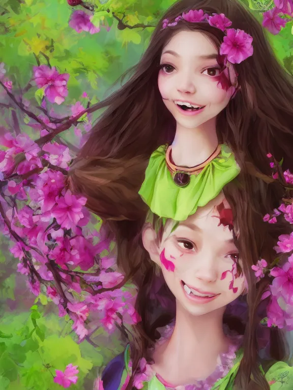 Image similar to Full shot of a cute mischievous young spring witch about to get up to some trouble with her playful bat familiar. Latin American fashion. Floral patterns. cherry blossoms. Pink and Lime Green palette. Magic. Latina girl. brown skin. defined facial features, symmetrical facial features. Smiling. By Ruan Jia and Artgerm and Range Murata and WLOP and Ross Tran and William-Adolphe Bouguereau. Key Art. Fantasy Illustration. award winning, Artstation, intricate details, realistic, Hyperdetailed, 8k resolution.