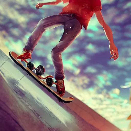 Prompt: skateboarding with friends when a dimensional rift opens up, in the style of artgerm Hiroya Oku Riyoko Ikeda, 3d render, artstation trending, 8k, octane render, photorealistic, sharp detail, manga