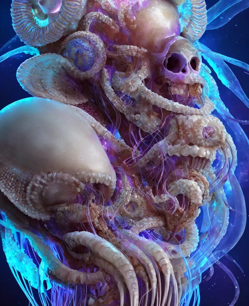 Image similar to goddess close-up portrait ram skull. jellyfish phoenix head, nautilus, orchid, skull, betta fish, bioluminiscent creatures, intricate artwork by Tooth Wu and wlop and beeple. octane render, trending on artstation, greg rutkowski very coherent symmetrical artwork. cinematic, hyper realism, high detail, octane render, 8k