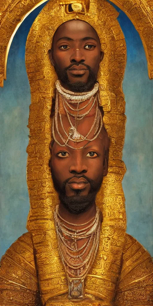 Image similar to a stunning and noble highly detailed romantic period style portrait of Mansa Musa by Josep Tapiró Baró, trending on artstation, oil painting masterpiece, symmetry, mysterious, very very very aesyhetic, African iconography