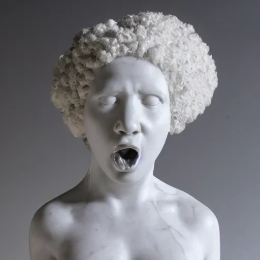 Image similar to a photorealistic all white marble sculpture of a black girl with a white afro crying