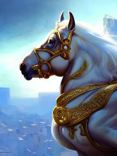 Image similar to a olimpic greek hero, entering triunphantly a city mounted in a white horse. full of pride. victorirous. prideful.. intricate, elegant, highly detailed, digital painting, artstation, concept art, sharp focus, illustration, by justin gerard and artgerm, 8 k