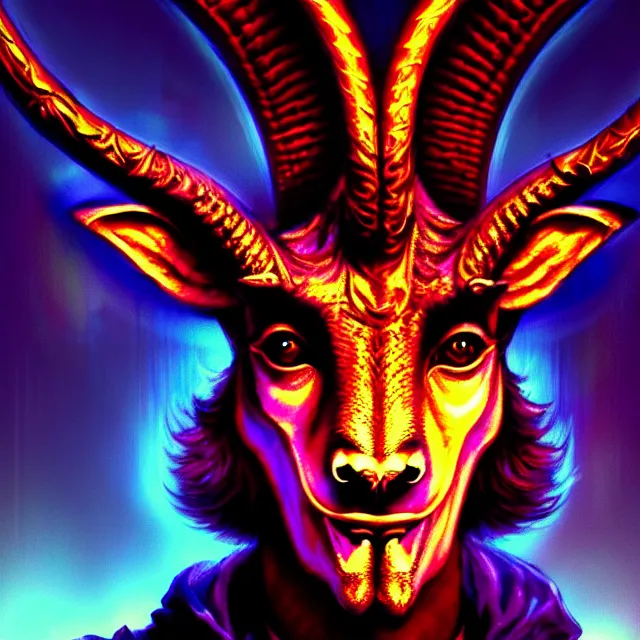 Image similar to Beautiful portrait 3d render of the illuminati Baphomet, face portrait, atmospheric lighting, painted, intricate, volumetric lighting, beautiful, rich deep colors masterpiece, sharp focus, ultra detailed, in the style of Dan Mumford and marc simonetti, with a clear crowded futuristic cyberpunk dubai city in the background, astrophotography