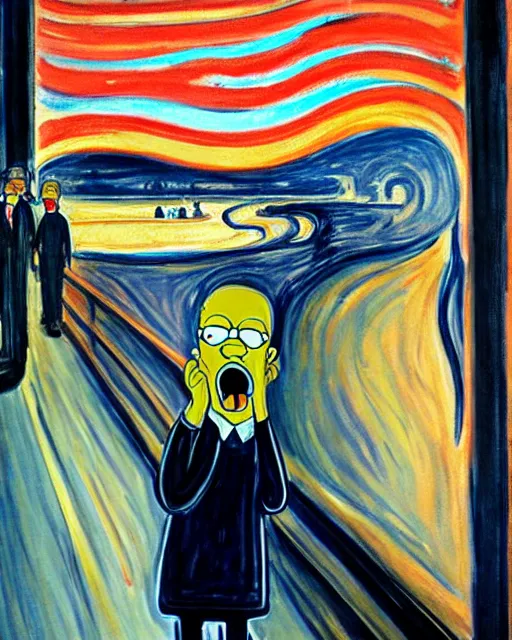 Prompt: a painting of homer simpson in the scream by edvard munch