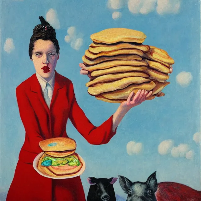 Prompt: tall emo female artist holding pancakes, in chippendale sydney, pigs, octopus, acrylic on canvas, surrealist, by magritte and monet