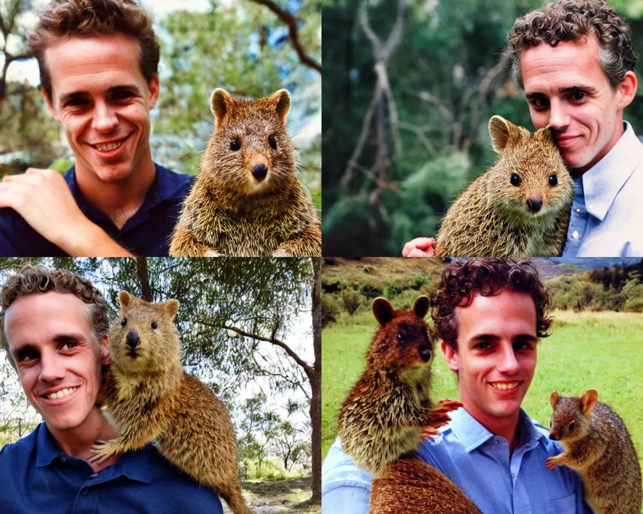 Prompt: youthful Jordan Peterson with a quokka on his shoulder, quokka is happy to be with Peterson, f/22, 35mm photo