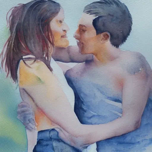 Prompt: a realistic watercolor painting of a couple in love by Skógafoss