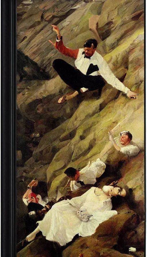 Prompt: still life painting of party falling off a cliff, by Peder Krøyer, dramatic lighting, epic, intricate detail, canvas print