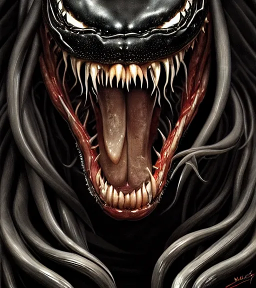 Image similar to portrait of a venom with heightened detail, poised, intense emotion, detailed facial expression, detailed surroundings, intricate, elegant, highly detailed, centered, digital painting, artstation, concept art, smooth, sharp focus, illustration, by ( leonardo da vinci ), wlop