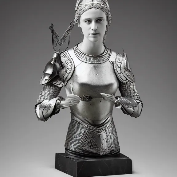 Image similar to a white art nouveau marble and silver sculptural bust of alicia vikander as joan of arc, wearing plate armor, delicate, intricate, smooth, beautiful, by charles van der stappen