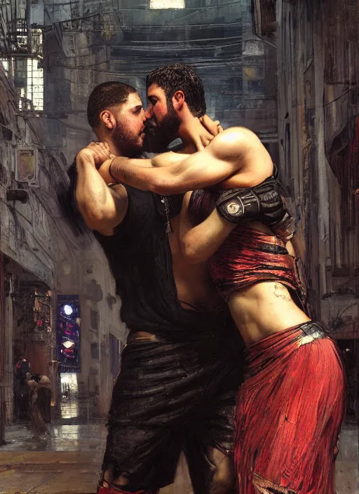 Image similar to big mike. cyberpunk meathead getting punched. (Cyberpunk 2077, bladerunner 2049). Iranian orientalist portrait by john william waterhouse and Edwin Longsden Long and Theodore Ralli and Nasreddine Dinet, oil on canvas. Cinematic, hyper realism, realistic proportions, dramatic lighting, high detail 4k