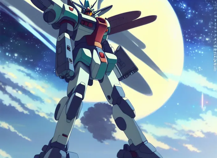 Image similar to a film still portrait of a planterary sized gundam, bokeh, finely detailed features, perfect art, over looking saturn,, trending on pixiv fanbox, painted by yusuke murata greg rutkowski makoto shinkai takashi takeuchi studio ghibli, akihiko yoshida