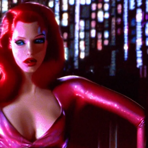 Image similar to Jessica Rabbit in real life in Blade Runner, cinematic film still, cyberpunk