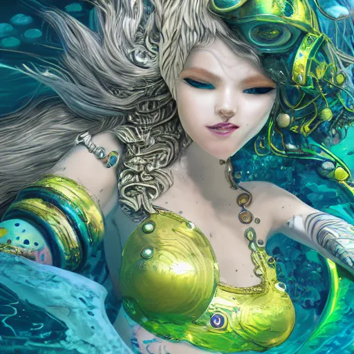 Prompt: highly detailed portrait of a metallic futuristic mermaid under the sea by Akihiko Yoshida, Greg Tocchini, 4k resolution, hearthstone inspired, sea green, yellow, blue, white, coral and black color scheme with graffiti