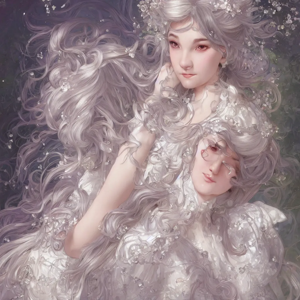 Prompt: portrait of magical lolita girl, dreamy and ethereal, silver hair, happy expression, ornate frilly dress, fantasy, intricate, elegant, colored crystal, highly detailed, digital painting, artstation, concept art, smooth, sharp focus, illustration, art by artgerm and greg rutkowski and alphonse mucha