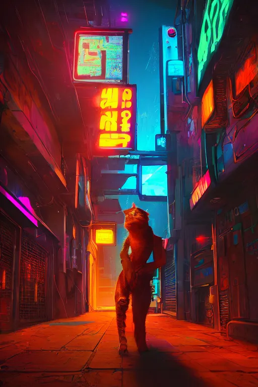 Image similar to cyberpunk ginger cat in the alley, neon lighting, rendered in unreal engine, trending on artstation