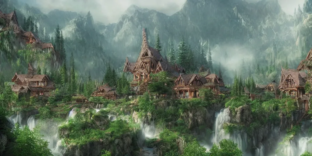 Prompt: elvish village. rivendell. mountains. beautiful forest. concept art. epic. cinematic. artstation.