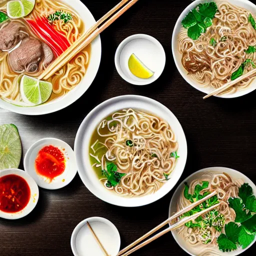 Image similar to flatlay realistic photo of delicious pho, ramen, highly detailed, natural light, 8 k hd, award winning, artstation,