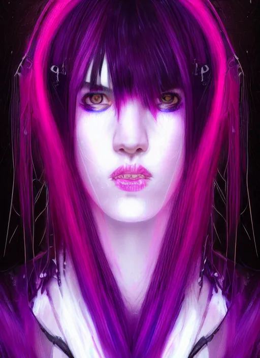 Image similar to hair whitebangs hair, black cyberlox, portrait of teenage girl with white bangs, whitebangsblackhair, messy bangs, cyberlox, whitebangs, red irises, purple clothes, intricate, elegant, glowing lights, highly detailed, digital painting, artstation, concept art, sharp focus, illustration, art by wlop, mars ravelo and greg rutkowski