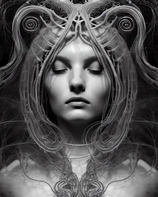 Prompt: mythical dreamy underwater black and white profile face portrait of translucent beautiful female angelic - medusa - vegetal, highly detailed, intricate crystal ivy jelly ornate, poetic, translucent algae ornate, digital art, octane render, 8 k artistic photography, photo - realistic, hg giger