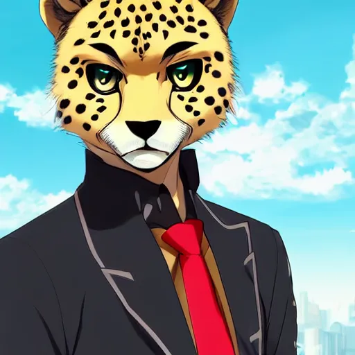 Prompt: modern anime portrait an anthro male cheetah furry fursona in an elegant outfit, handsome anime eyes, key anime visuals with anime environmental background